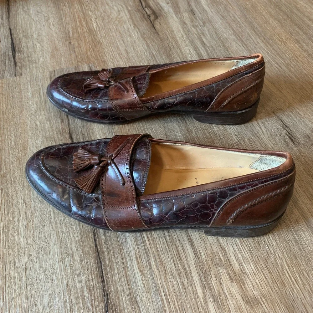 Johnston & Murphy brown crocodile leather tassel loafers - made Italy -size 11.5